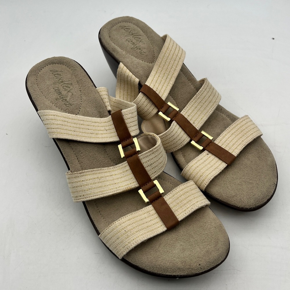 Dexflex Comfort Womens Wedge Sandals Cream Gold Metallic Elastic Strappy Size 11
